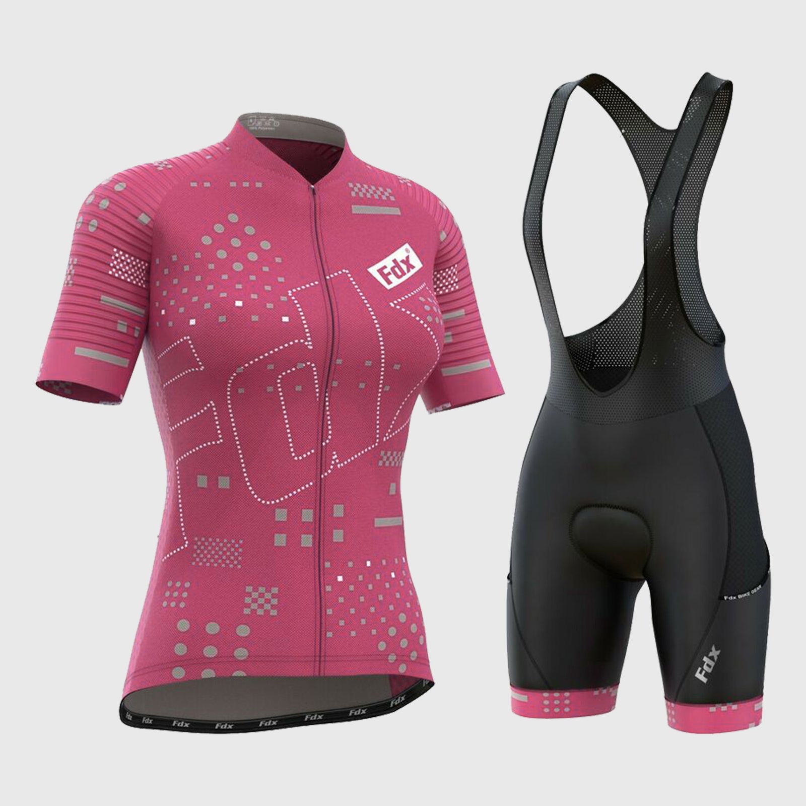 Fdx Womens Pink Short Sleeve Cycling Jersey & Gel Padded Bib Shorts Best Summer Road Bike Wear Light Weight, Hi-viz Reflectors & Pockets - All Day