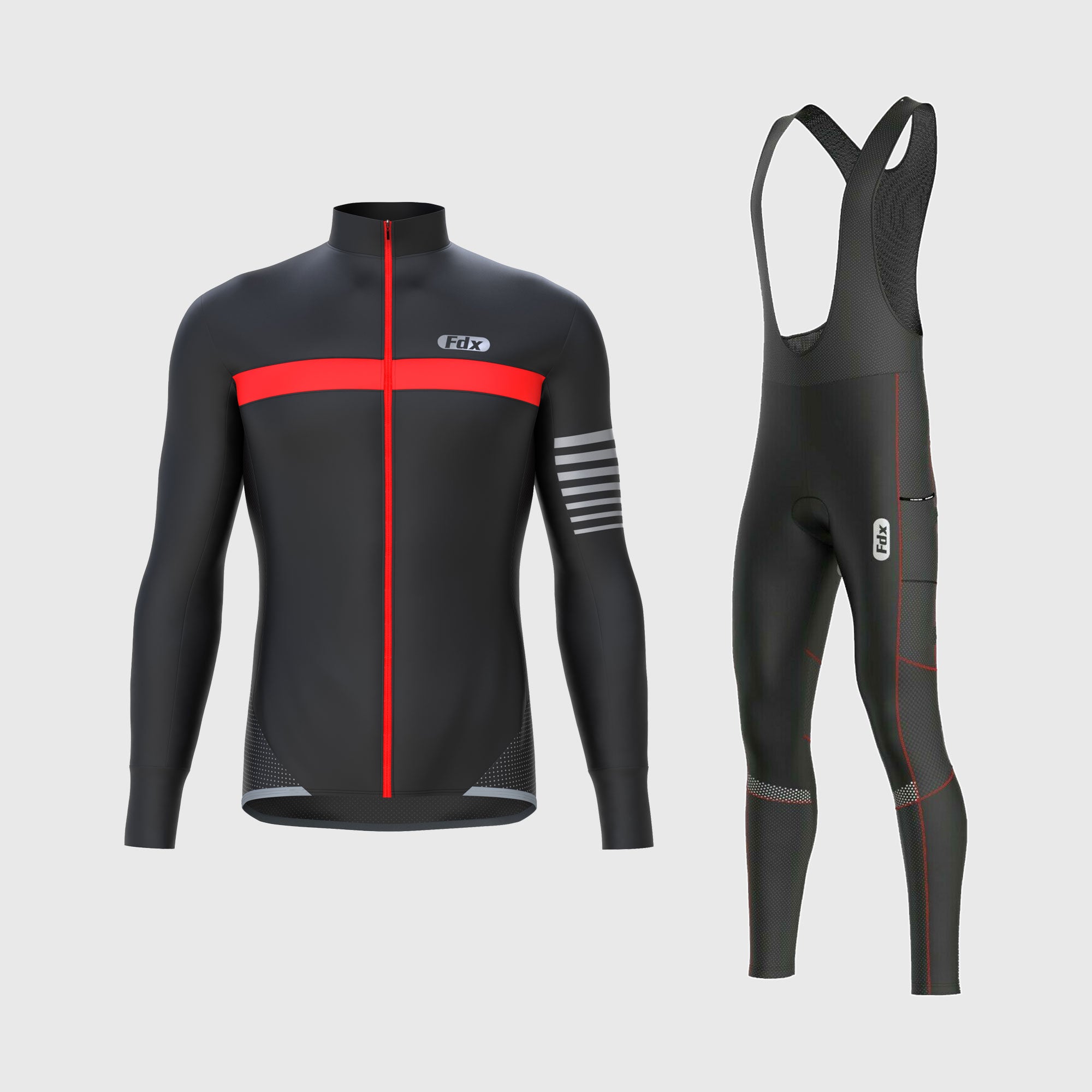 Fdx Mens Black & Red Long Sleeve Cycling Jersey & Gel Padded Bib Tights Pants for Winter Roubaix Thermal Fleece Road Bike Wear Windproof, Hi-viz Reflectors & Pockets - All Day