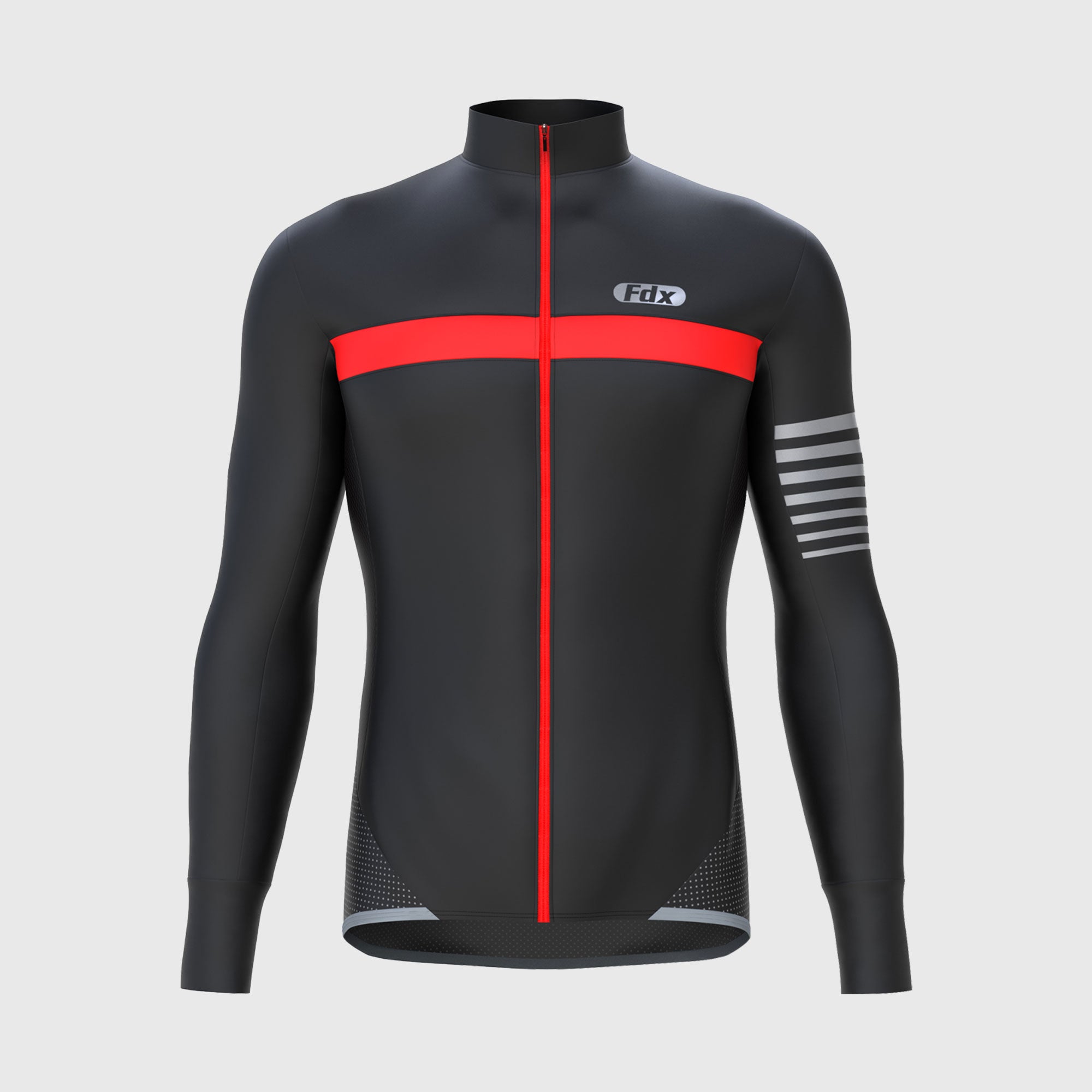 Fdx Mens Red Long Sleeve Cycling Jersey for Winter Roubaix Thermal Fleece Road Bike Wear Top Full Zipper, Pockets & Hi-viz Reflectors - All Day