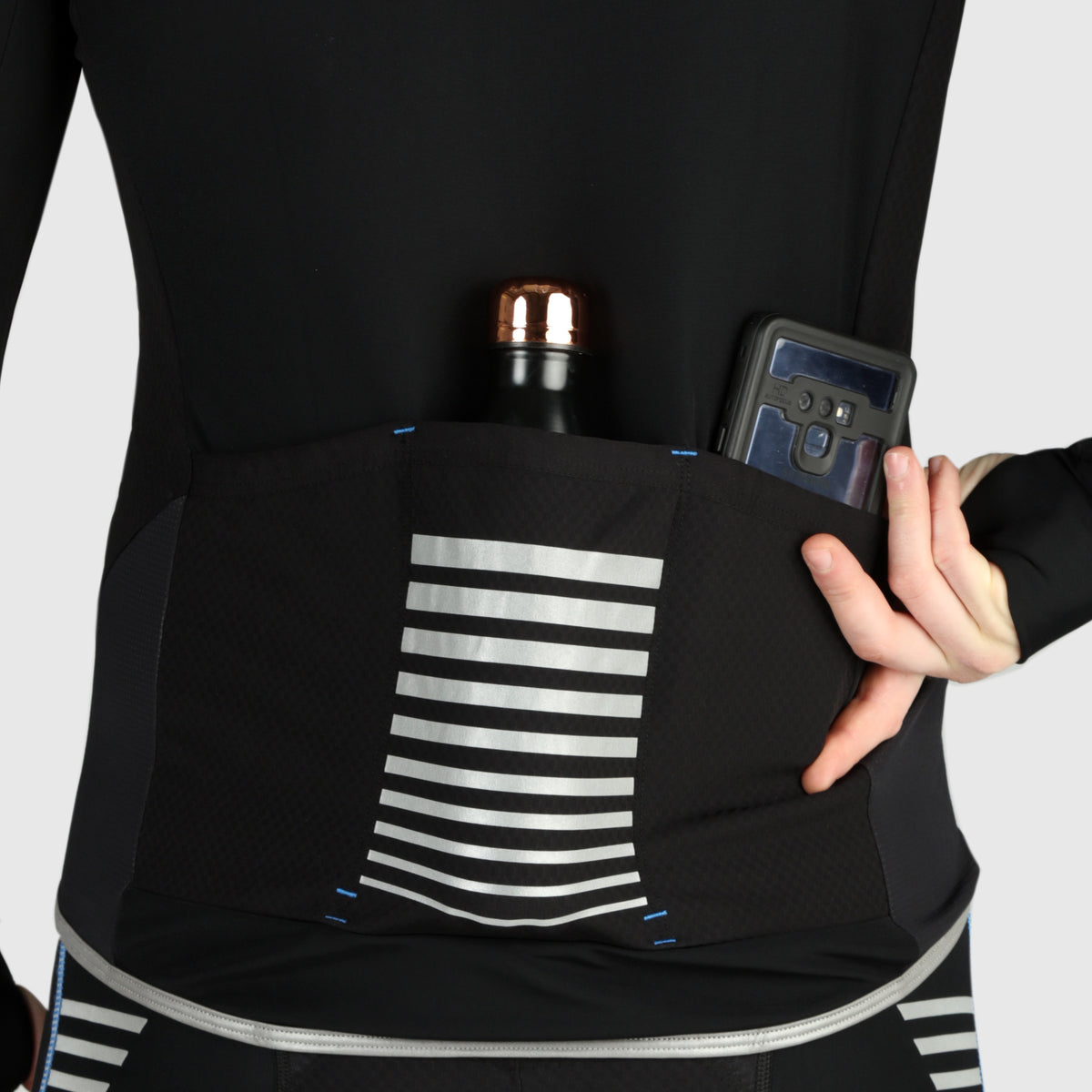 Fdx Mens Blue Storage Pockets Long Sleeve Cycling Jersey for Winter Roubaix Thermal Fleece Road Bike Wear Top Full Zipper, Pockets & Hi-viz Reflectors - All Day