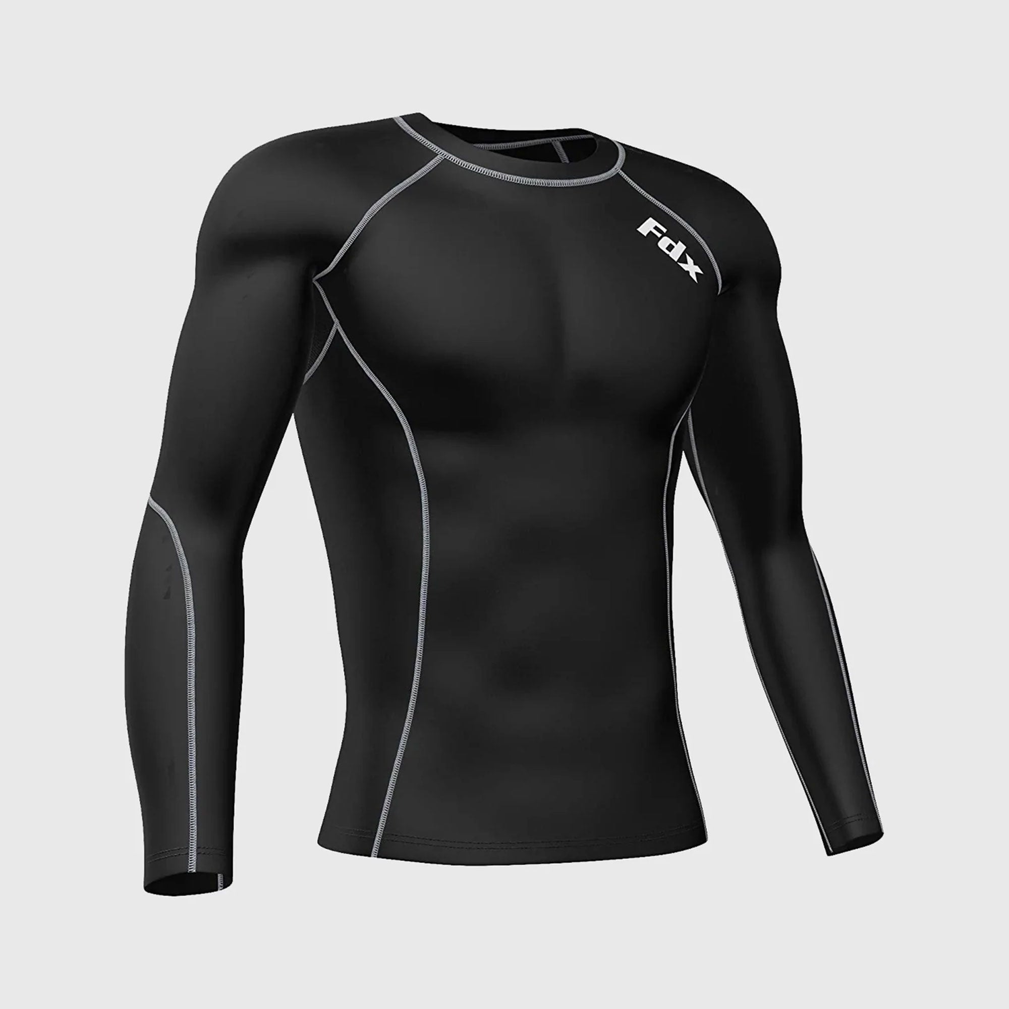 Fdx Mens Black & Grey Long Sleeve Compression Top Running Gym Workout Wear Rash Guard Stretchable Breathable - Blitz