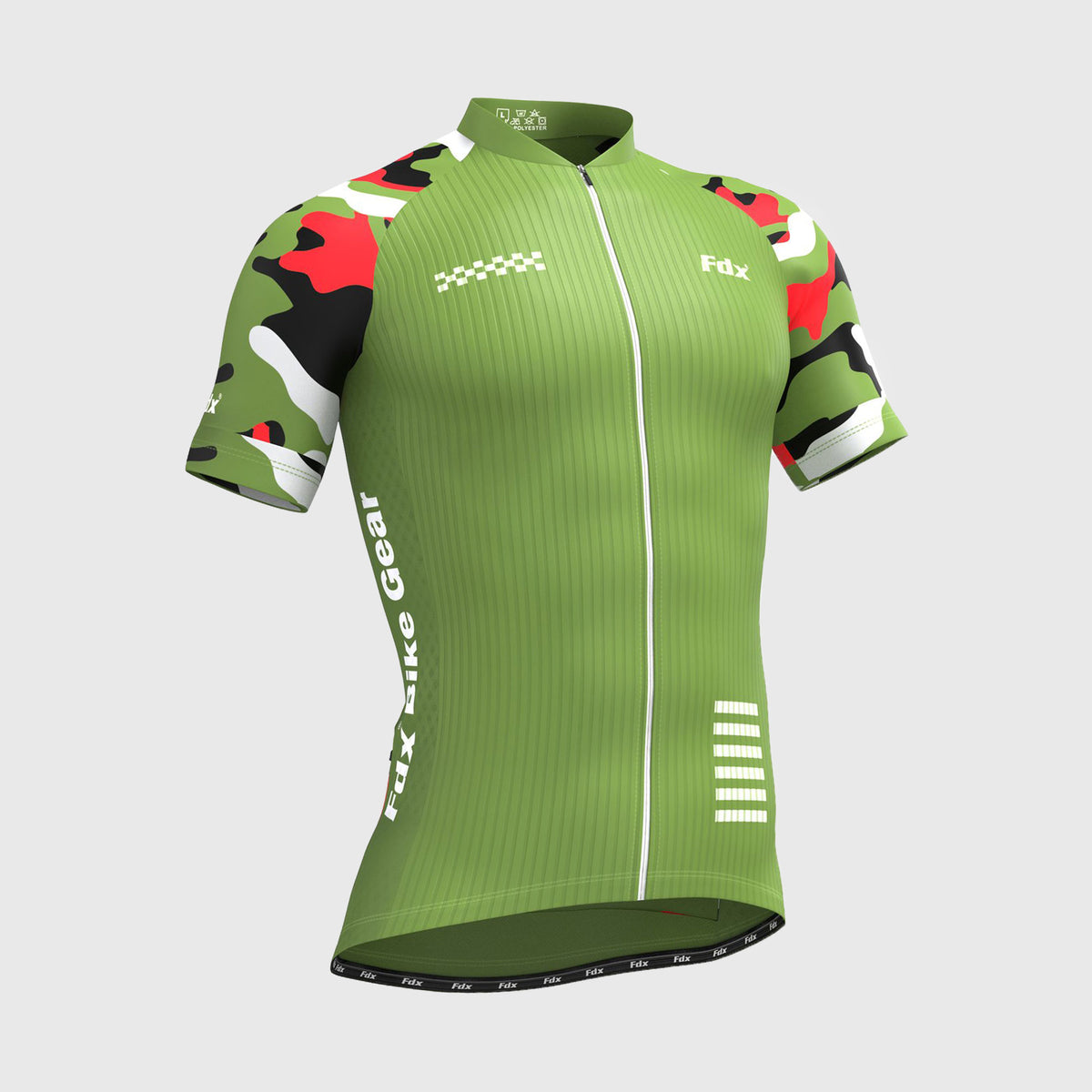 Fdx Mens Green Short Sleeve Cycling Jersey for Summer Best Road Bike Wear Top Light Weight, Full Zipper, Pockets & Hi-viz Reflectors - Camouflage