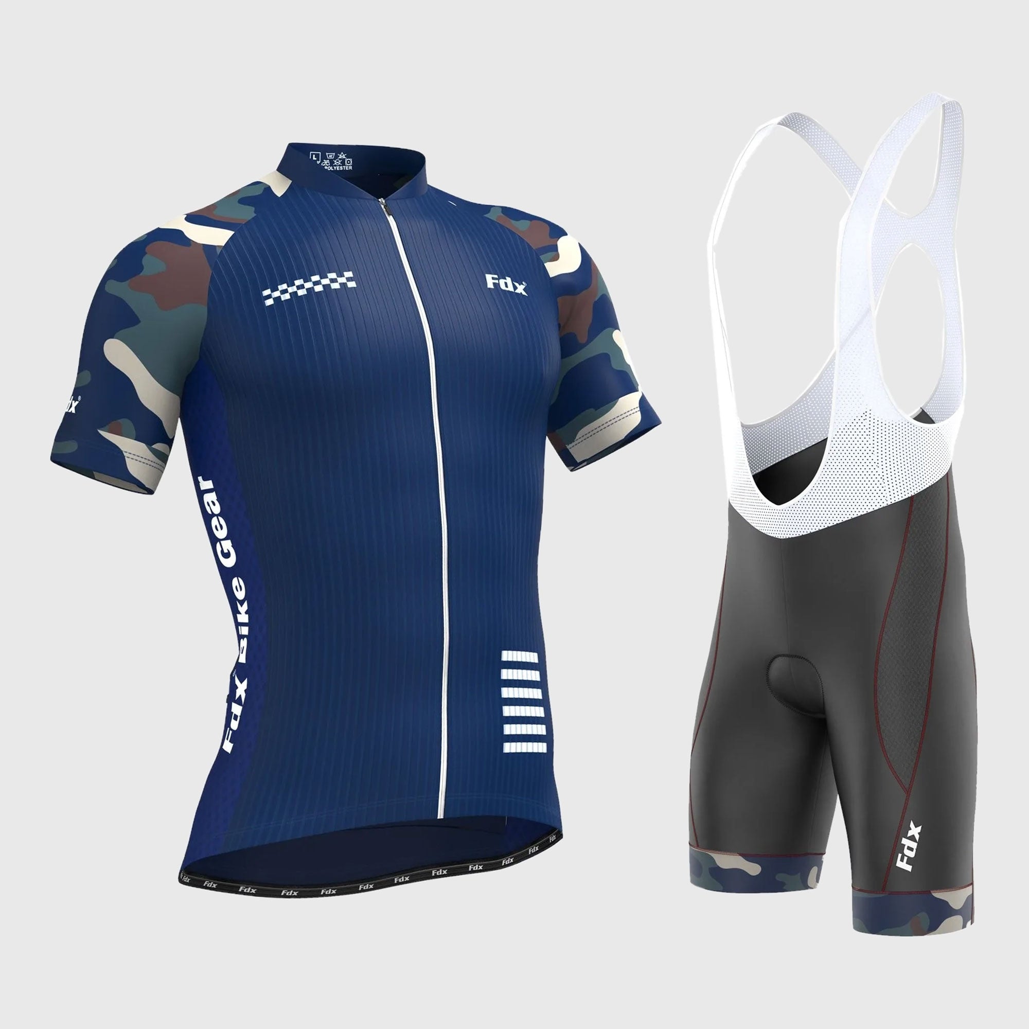 Fdx Mens Blue Short Sleeve Cycling Jersey & Gel Padded Bib Shorts Best Summer Road Bike Wear Light Weight, Hi-viz Reflectors & Pockets - Camouflage