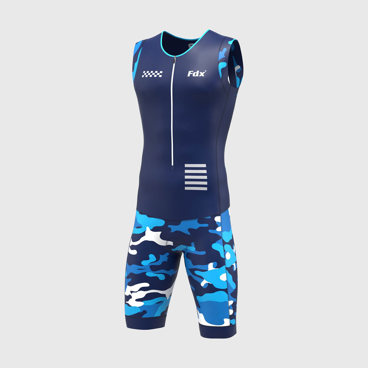 Fdx Men's Blue Sleeveless Gel Padded Triathlon / Skin Suit for Summer Cycling Wear, Running & Swimming Half Zip - Camouflage