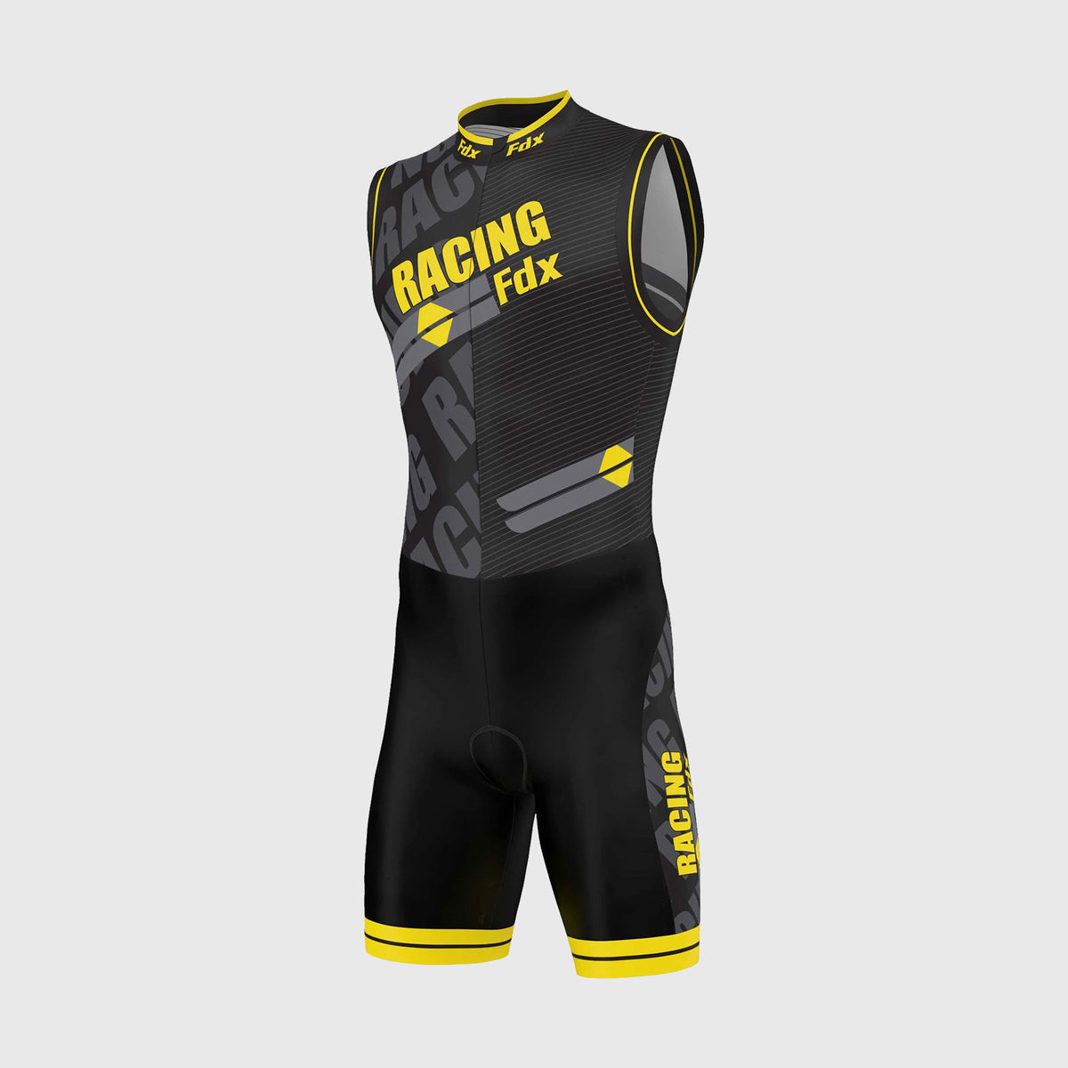 Fdx Mens Black & Yellow Sleeveless Gel Padded Triathlon / Skin Suit for Summer Cycling Wear, Runnung & Swimming Half Zip - Core