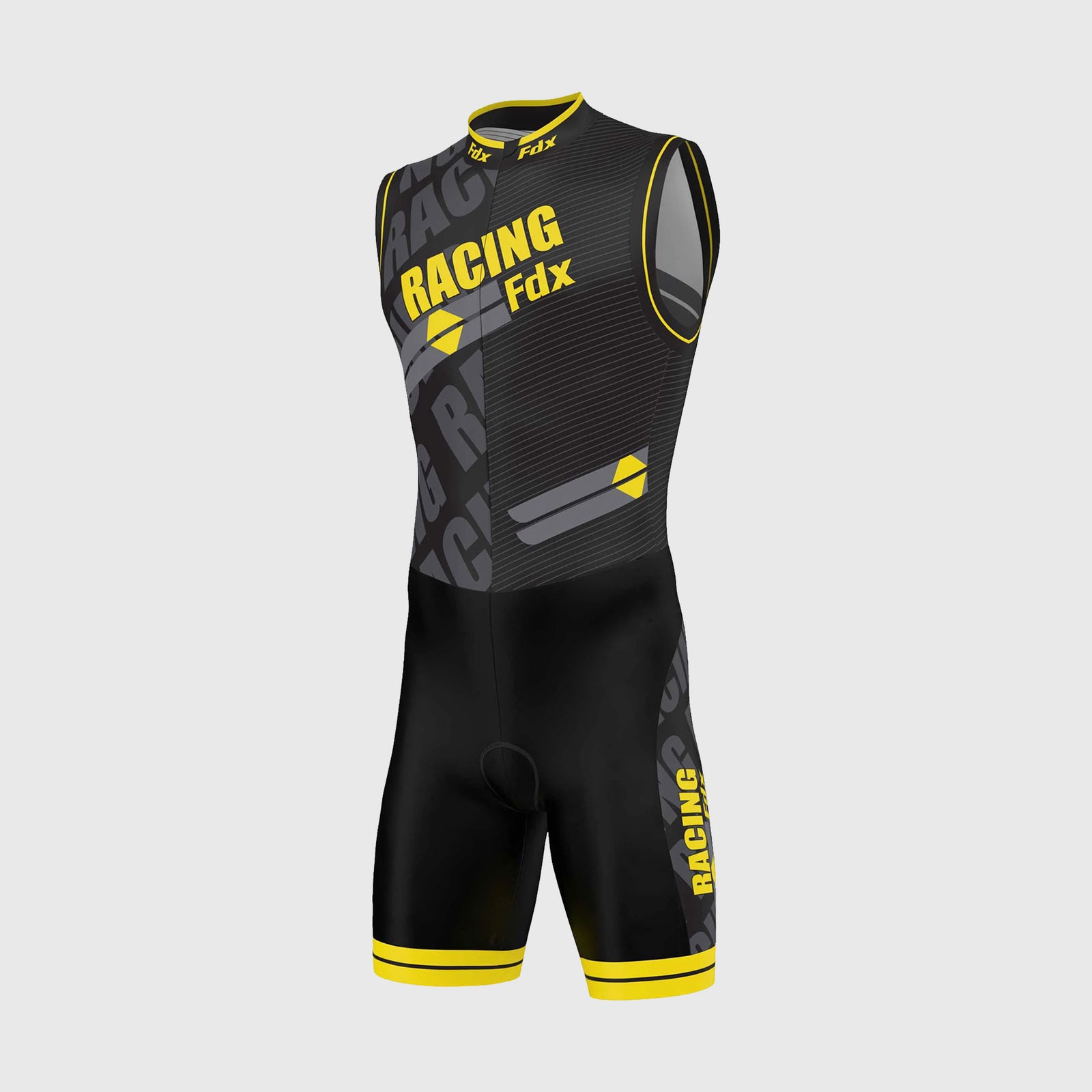 Fdx Mens Black & Yellow Sleeveless Gel Padded Triathlon / Skin Suit for Summer Cycling Wear, Runnung & Swimming Half Zip - Core