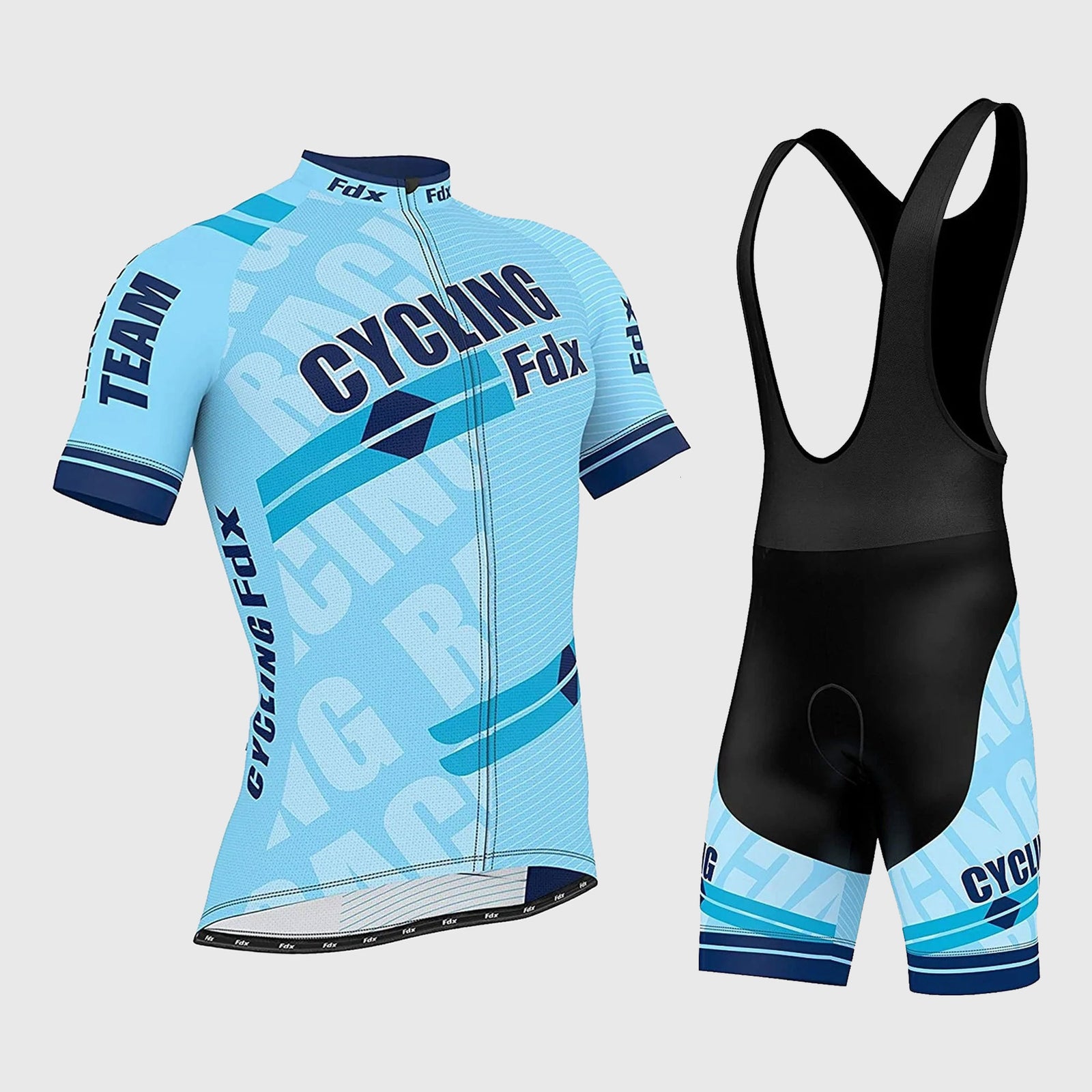Fdx Mens Blue Short Sleeve Cycling Jersey & Gel Padded Bib Shorts Best Summer Road Bike Wear Light Weight, Hi-viz Reflectors & Pockets - Core