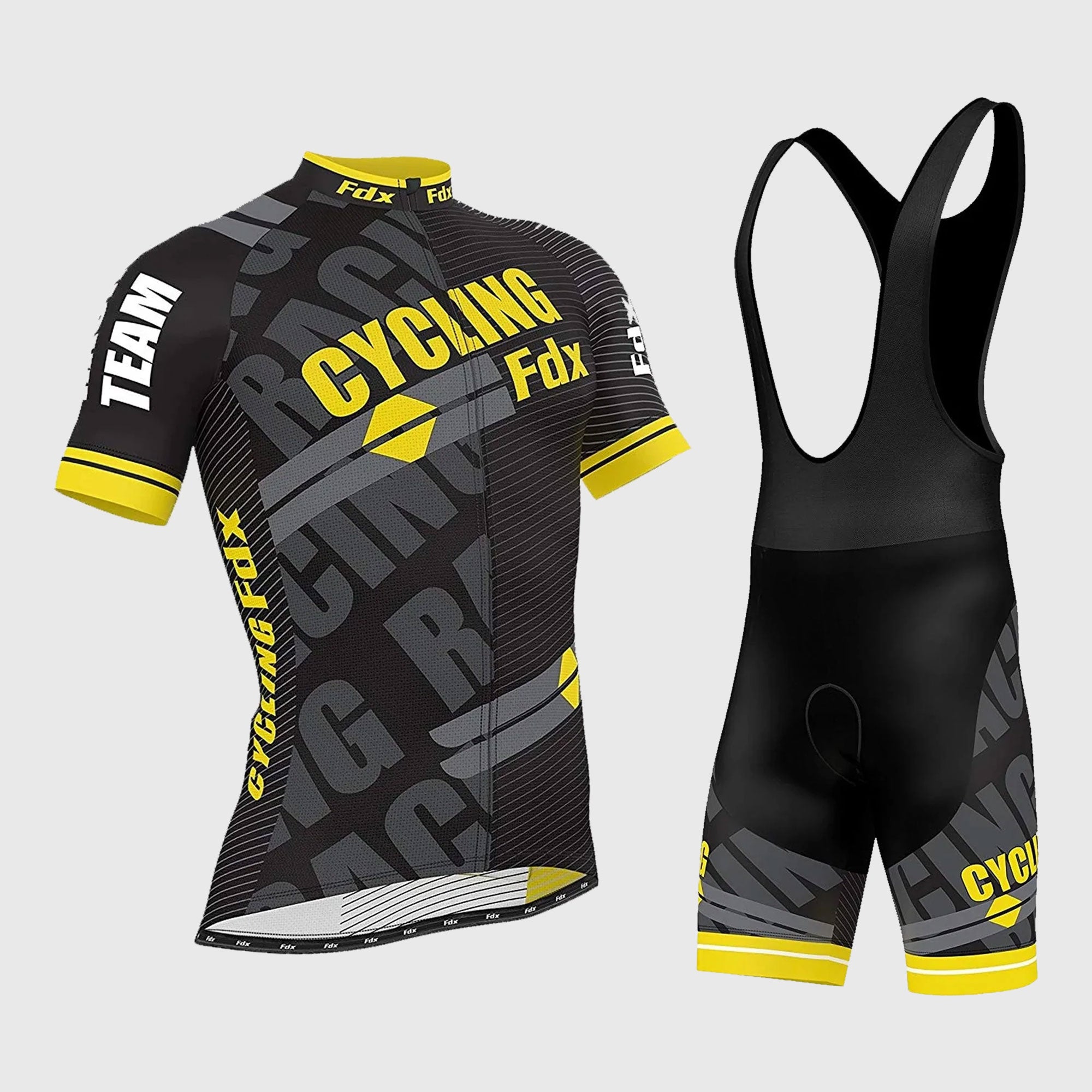 Fdx Mens Yellow Short Sleeve Cycling Jersey & Gel Padded Bib Shorts Best Summer Road Bike Wear Light Weight, Hi-viz Reflectors & Pockets - Core
