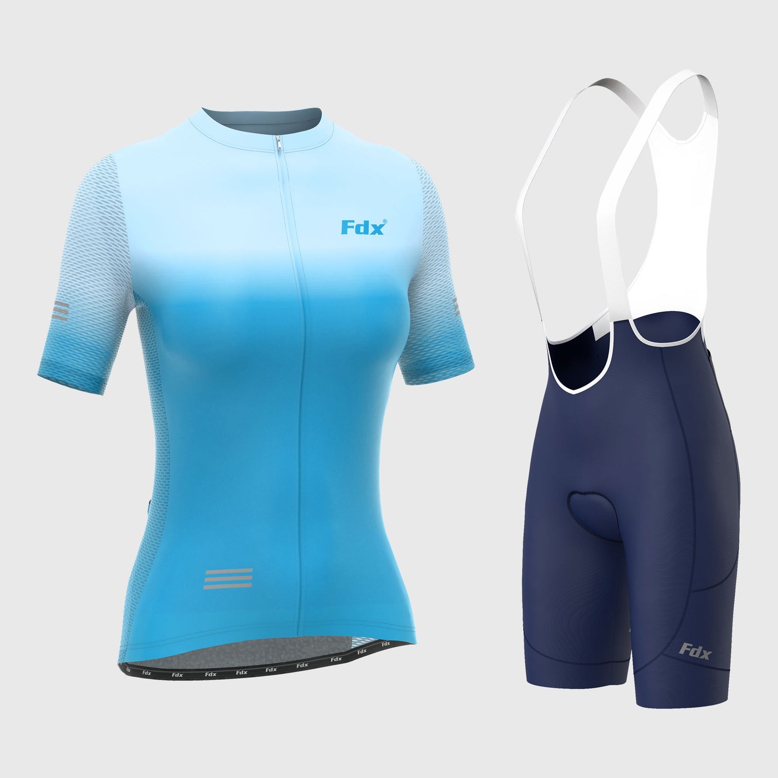 Fdx Womens Blue Short Sleeve Cycling Jersey & Gel Padded Bib Shorts Best Summer Road Bike Wear Light Weight, Hi-viz Reflectors & Pockets - Duo