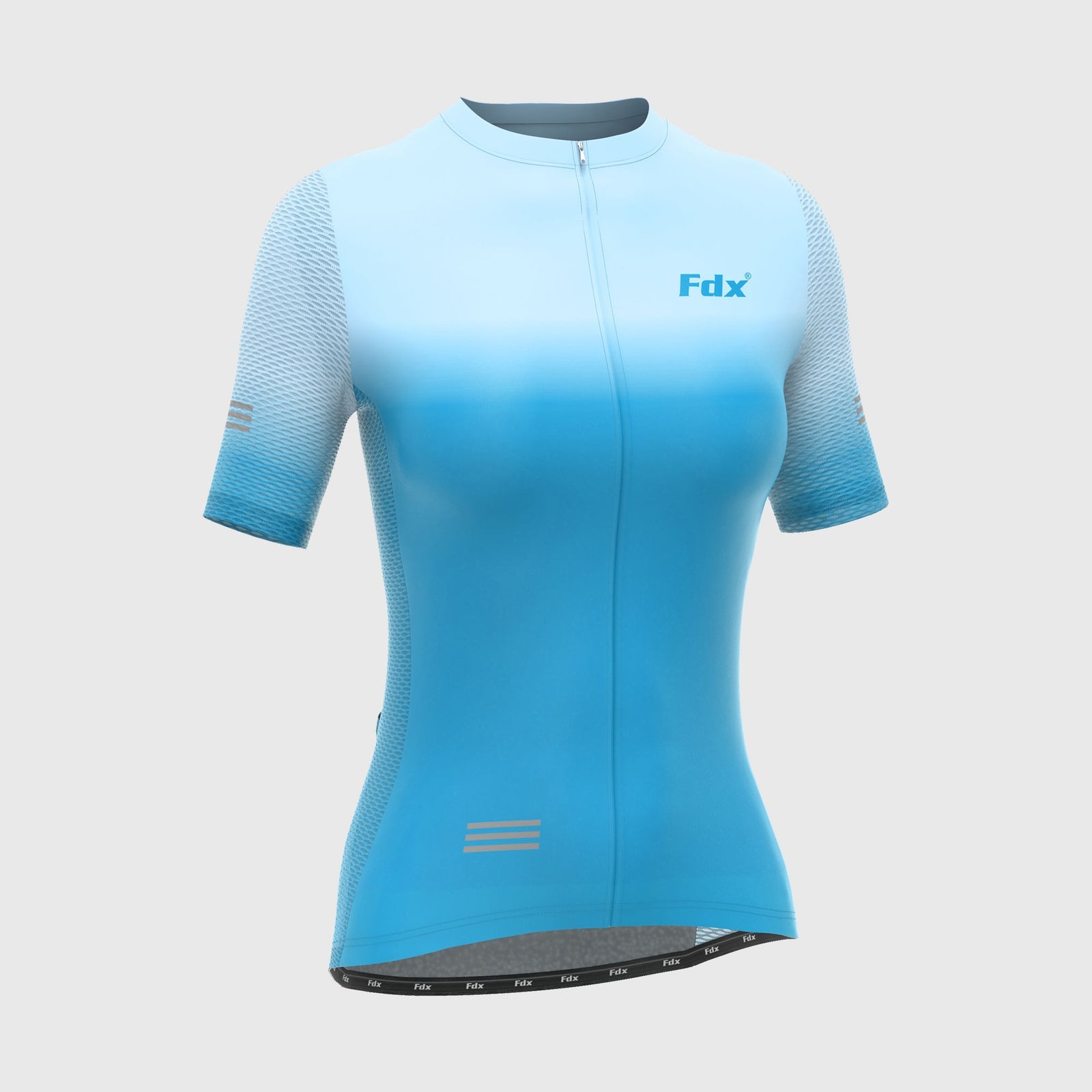 Fdx Womens Blue Short Sleeve Cycling Jersey for Summer Best Road Bike Wear Top Light Weight, Full Zipper, Pockets & Hi-viz Reflectors - Duo