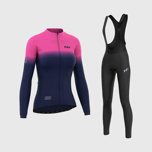 Fdx Women's Pink & Blue Long Sleeve Cycling Jersey & Cushion Padded Bib Tights Pants for Winter Roubaix Thermal Fleece Road Bike Wear Windproof, Hi viz Reflectors & Pockets - Duo