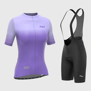 Fdx Women's Purple Short Sleeve Cycling Jersey & 3D Cushion Padded Bib Shorts Best Summer Road Bike Wear Light Weight, Hi-viz Reflectors & Pockets - Duo