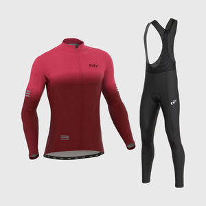 Fdx Pink & Maroon Long Sleeve Cycling Jersey & Gel Padded Bib Tights Pants Mens for Winter Roubaix Thermal Fleece Road Bike Wear Windproof, Hi-viz Reflectors & Pockets - Duo
