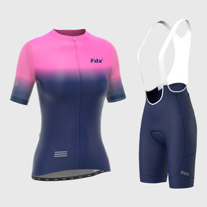 Fdx Womens Pink / Blue Short Sleeve Cycling Jersey & Gel Padded Bib Shorts Best Summer Road Bike Wear Light Weight, Hi-viz Reflectors & Pockets - Duo