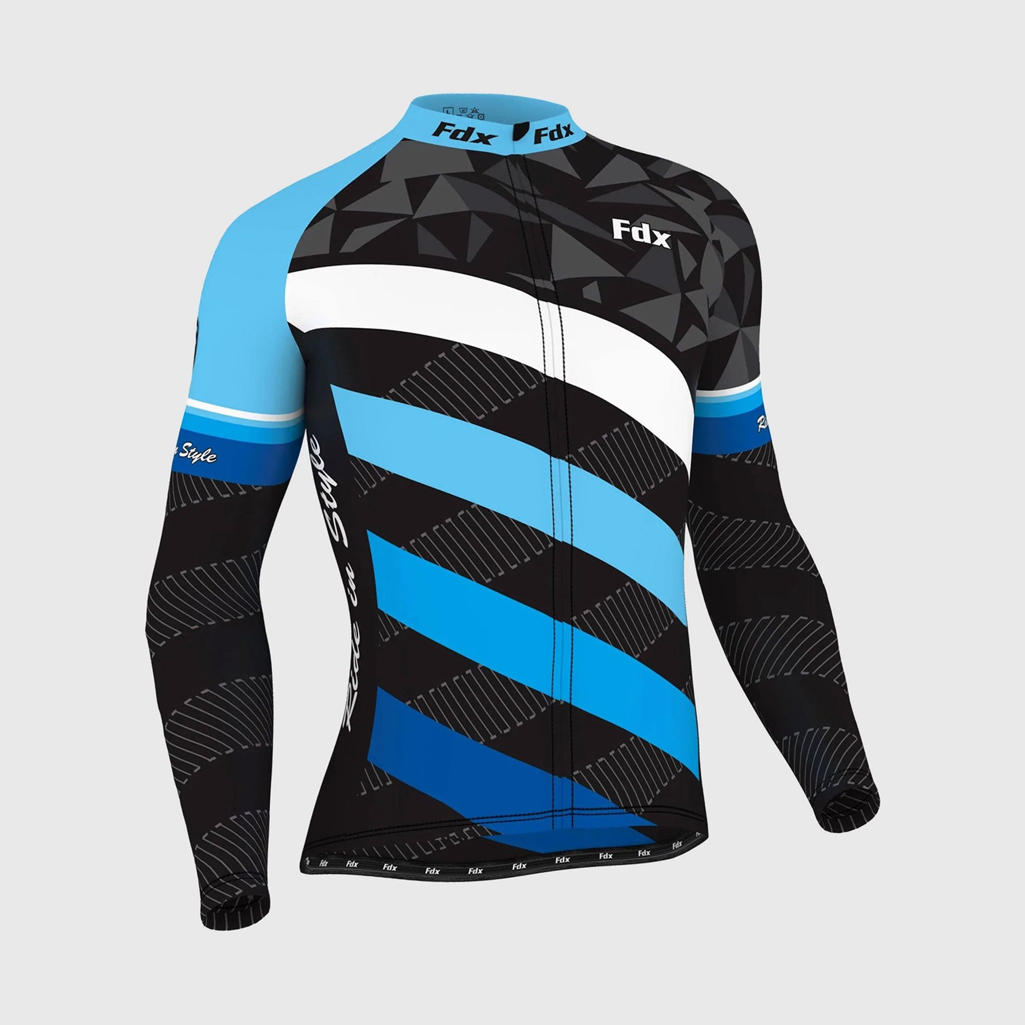 Fdx Mens Blue & Black Long Sleeve Cycling Jersey for Winter Roubaix Thermal Fleece Road Bike Wear Top Full Zipper, Pockets & Hi-viz Reflectors - Equin