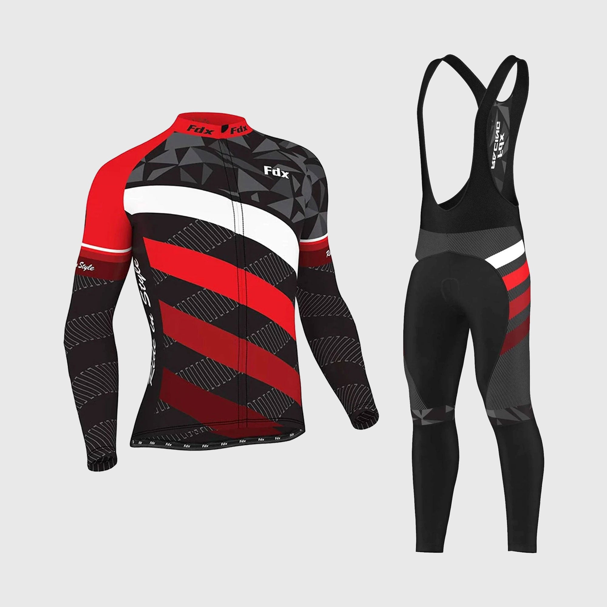 Fdx Men's Black & Red Long Sleeve Cycling Jersey & Gel Padded Bib Tights Pants for Winter Roubaix Thermal Fleece Road Bike Wear Windproof, Hi-viz Reflectors & Pockets - Equin