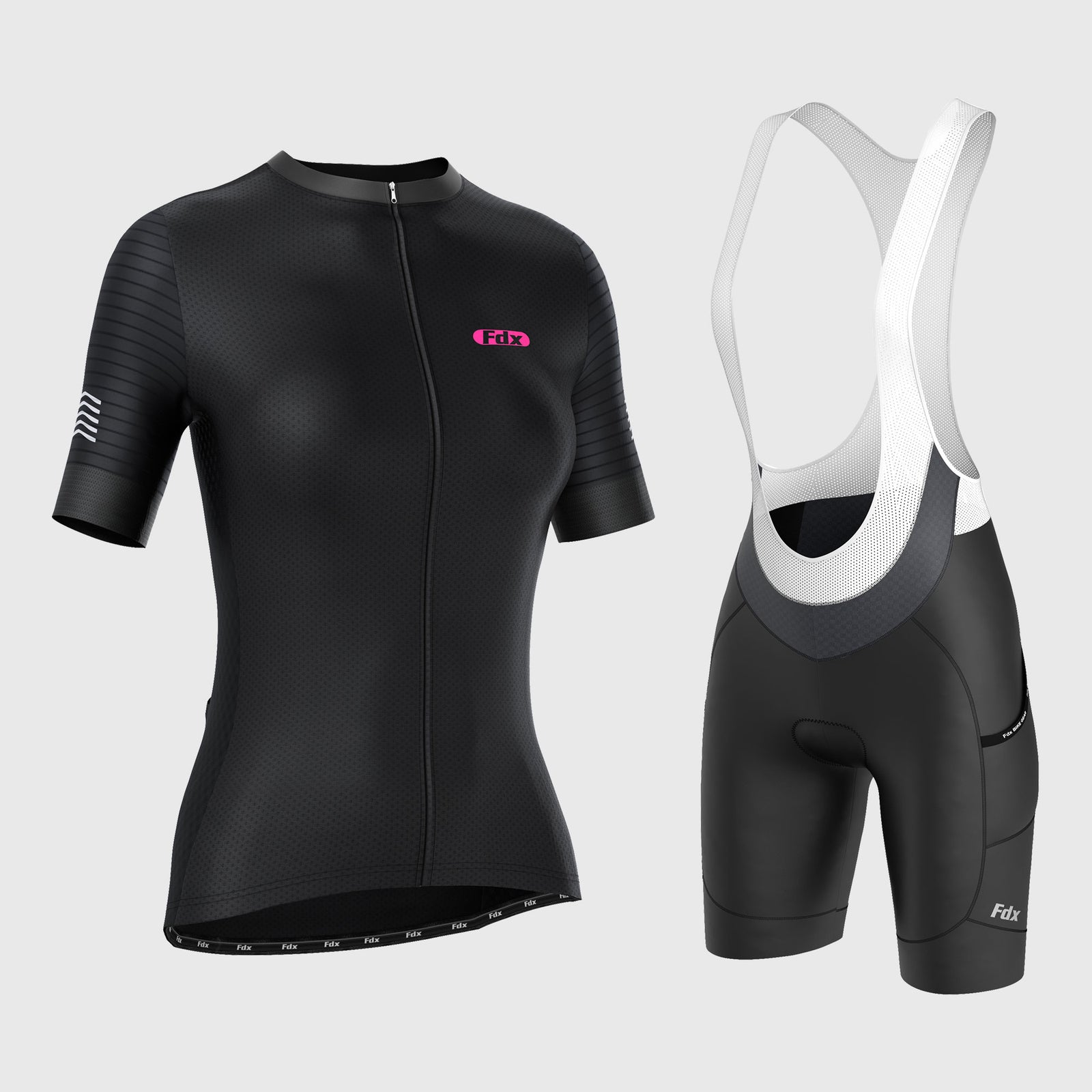 Fdx Womens Black Short Sleeve Cycling Jersey & Gel Padded Bib Shorts Best Summer Road Bike Wear Light Weight, Hi-viz Reflectors & Pockets - Essential