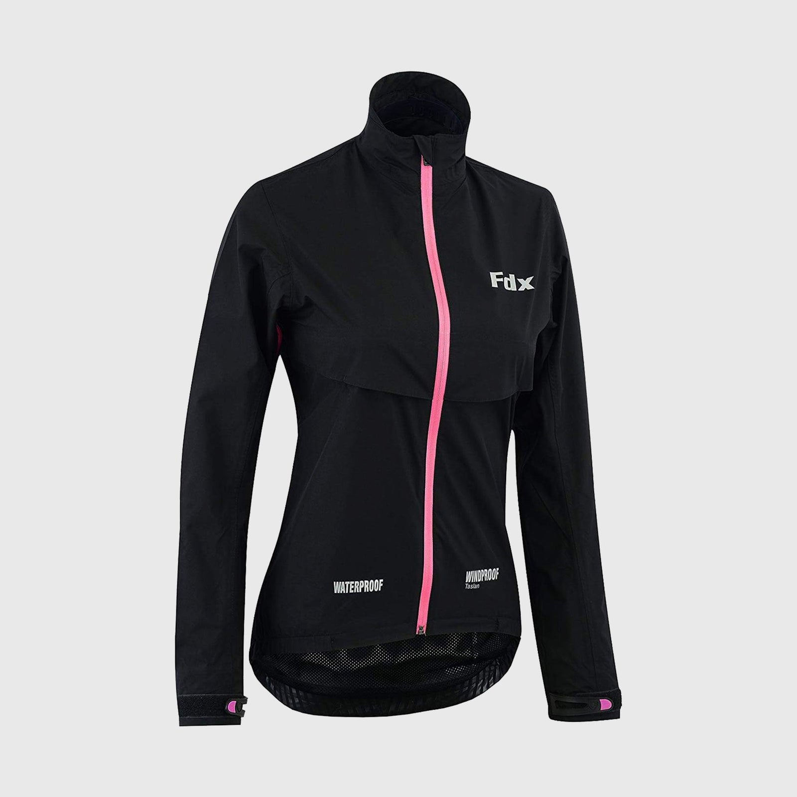 FDX Women Best Black & Pink Cycling Jacket Waterproof, Full Length Zip, hi viz reflective details velcro strips Windbreaker & Pocket - Evex
