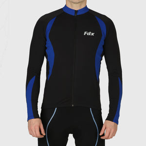 Fdx Mens Blue Long Sleeve Cycling Jersey for Winter Roubaix Thermal Fleece Road Bike Wear Top Full Zipper, Pockets & Hi-viz Reflectors - Viper