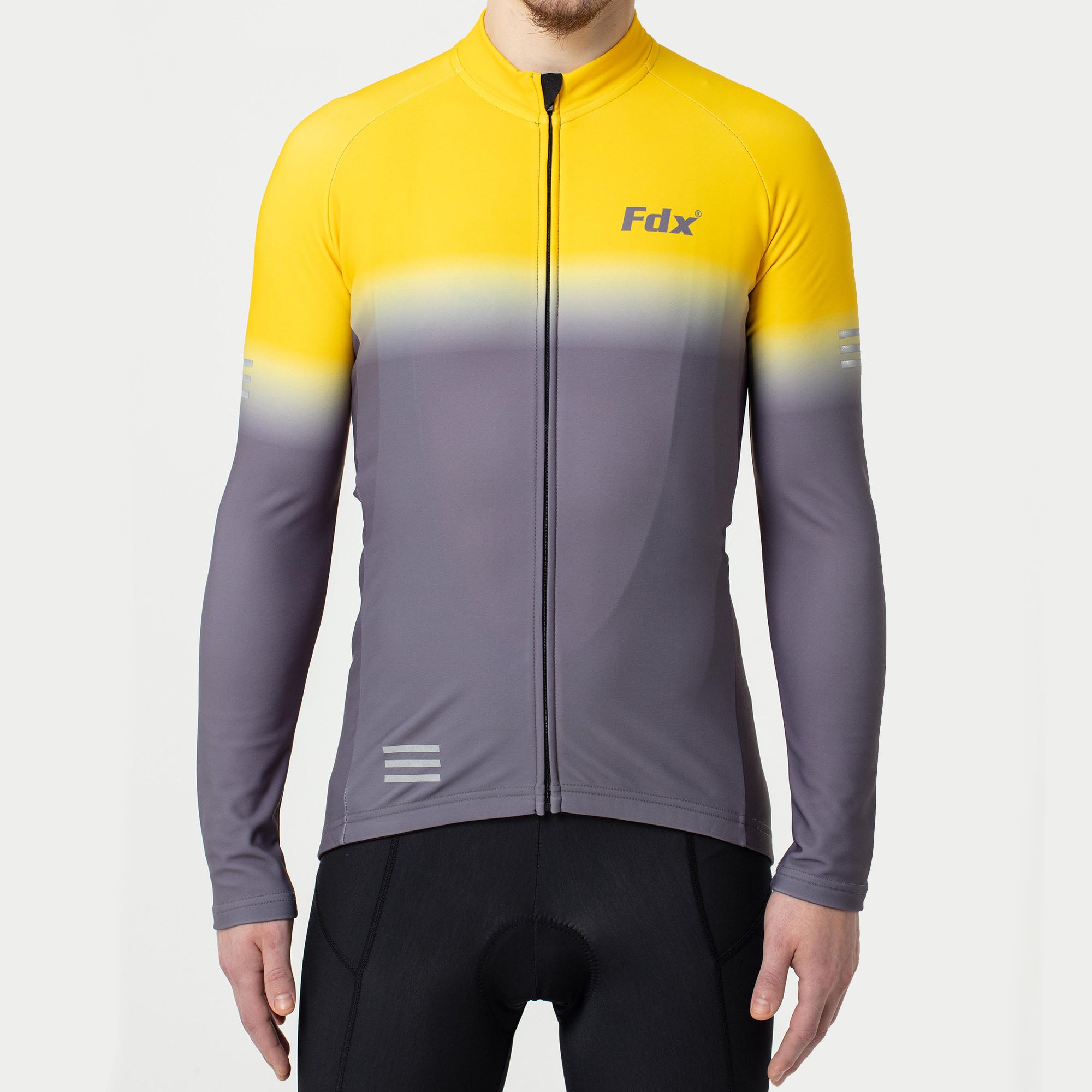 Fdx Mens Yellow Long Sleeve Cycling Jersey for Winter Roubaix Thermal Fleece Road Bike Wear Top Full Zipper, Pockets & Hi-viz Reflectors - Duo
