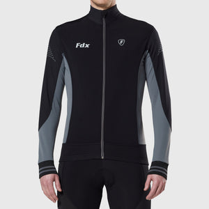 Fdx Mens Black & Grey Full Sleeve Cycling Jersey for Winter Roubaix Thermal Fleece Road Bike Wear Top Full Zipper, Pockets & Hi-viz Reflectors - Thermodream