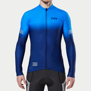 Fdx Mens Thermal Blue Long Sleeve Cycling Jersey for Winter Roubaix Fleece Road Bike Wear Top Full Zipper, Pockets & Hi-viz Reflectors - Duo