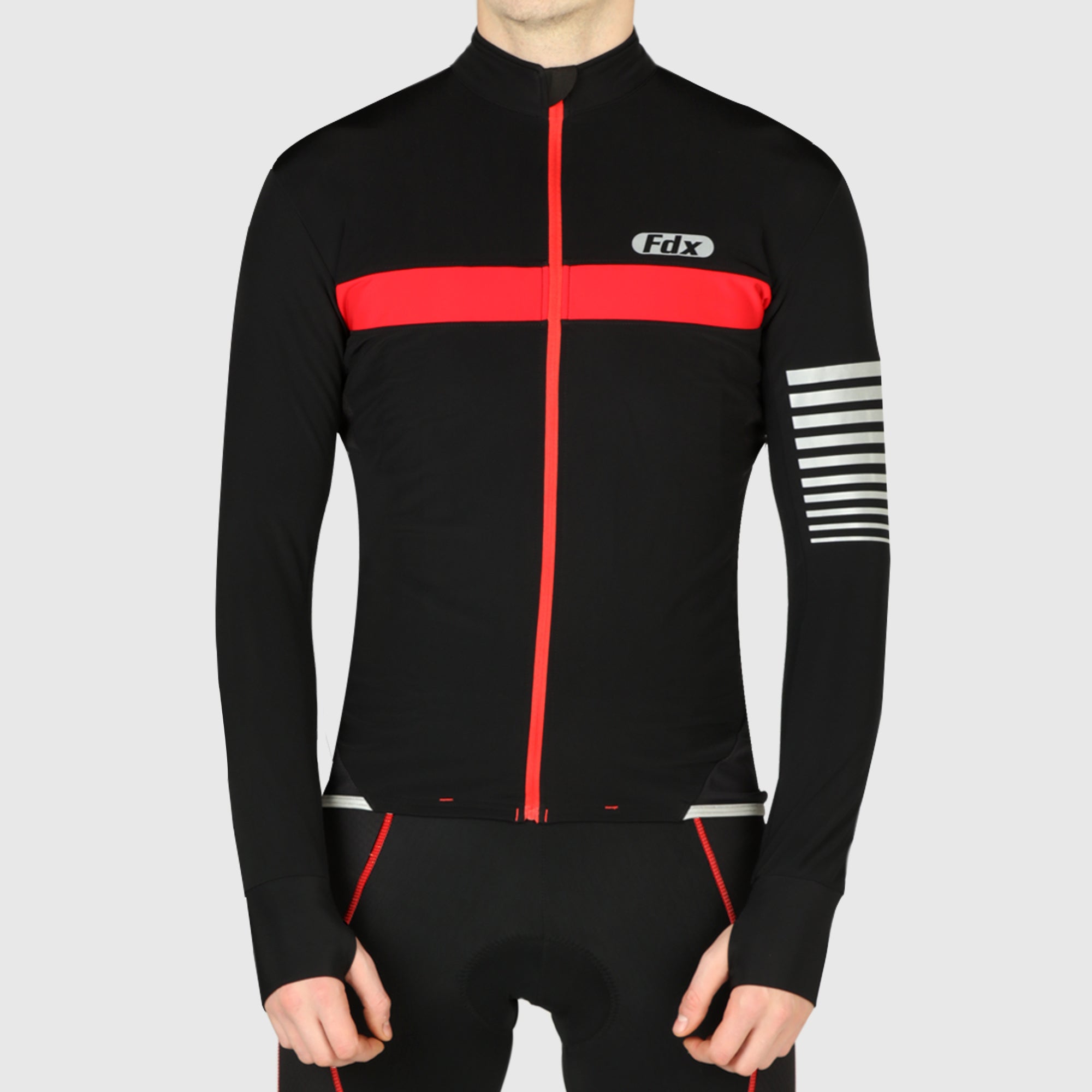 Fdx Mens Black & Red Long Sleeve Cycling Jersey & Gel Padded Bib Tights Pants for Winter Roubaix Thermal Fleece Road Bike Wear Windproof, Hi-viz Reflectors & Pockets - All Day