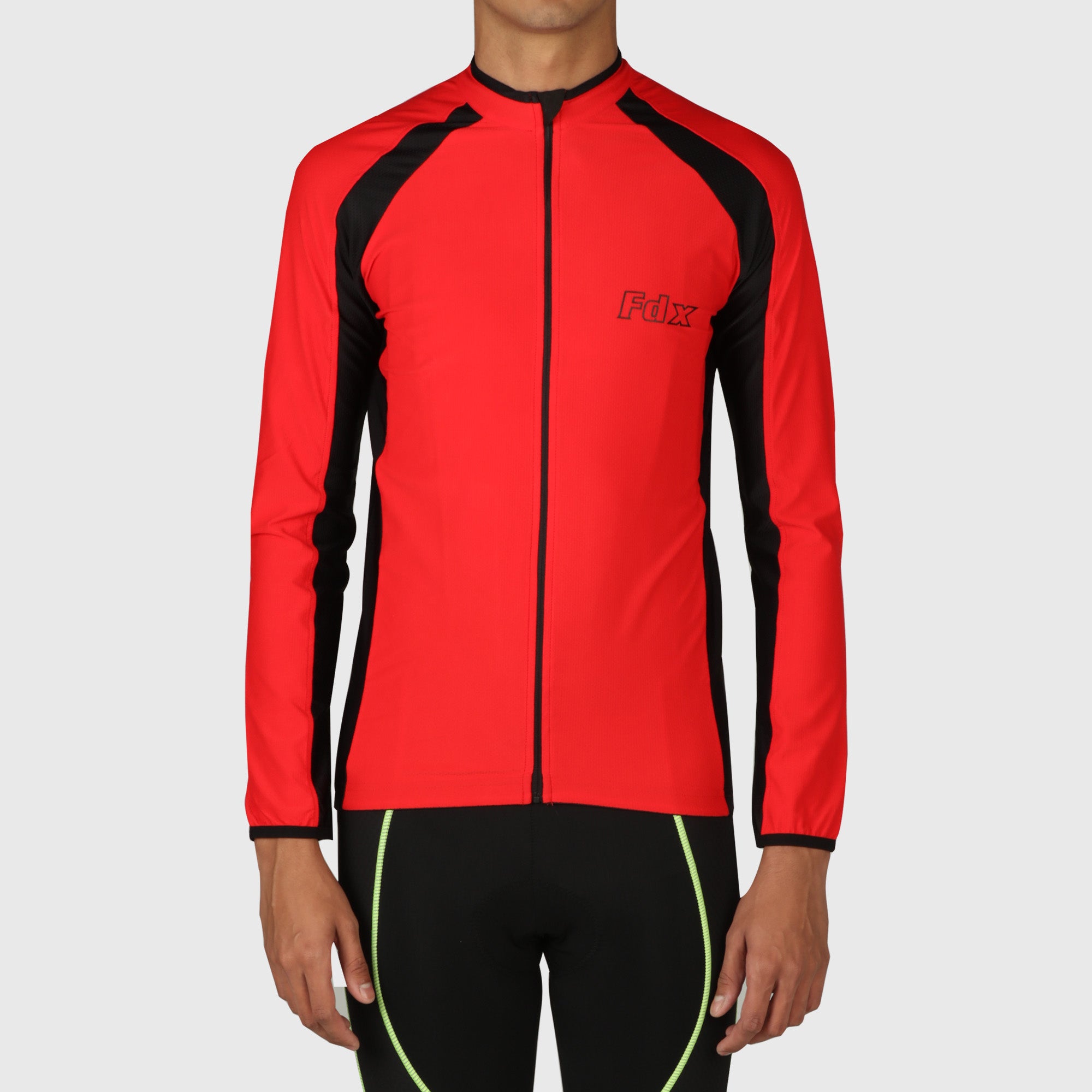 Fdx Mens Black & Red Long Sleeve Cycling Jersey for Winter Roubaix Thermal Fleece Road Bike Wear Top Full Zipper, Pockets & Hi-viz Reflectors - Transition