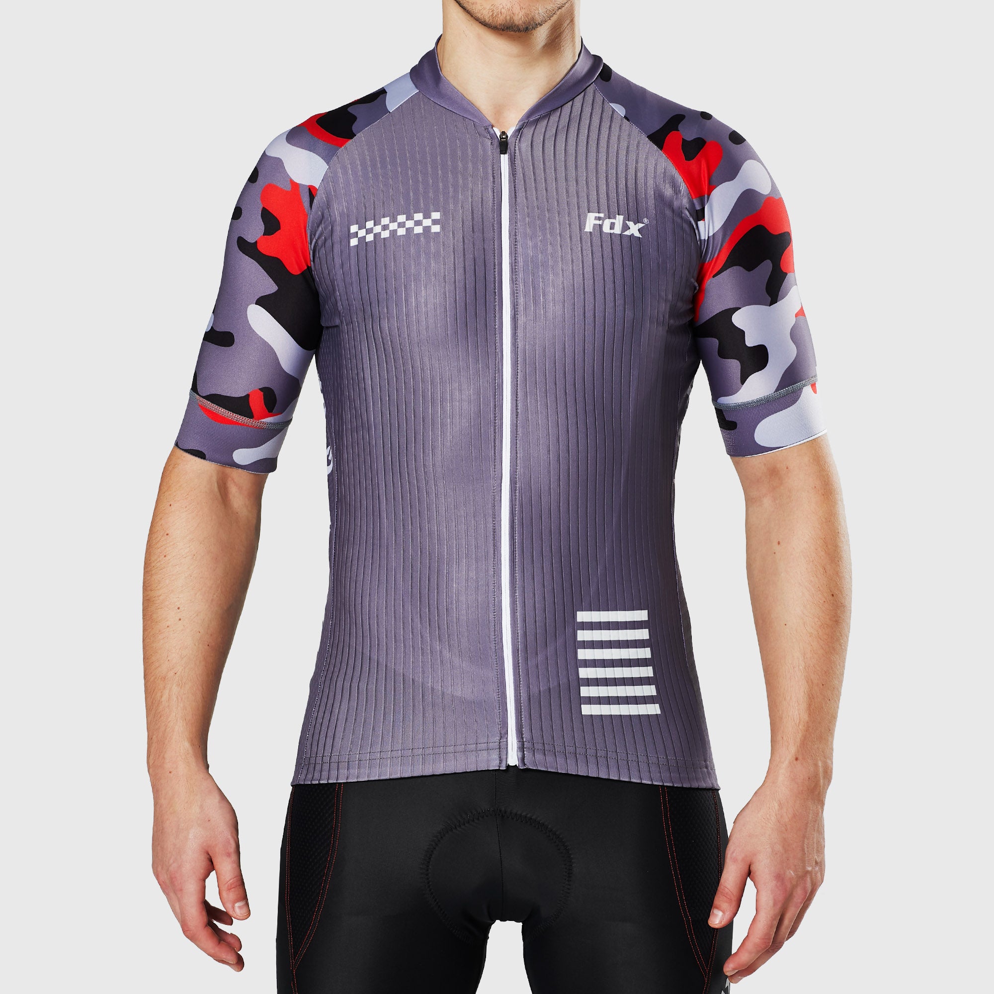 Fdx Mens Grey Short Sleeve Cycling Jersey for Summer Best Road Bike Wear Top Light Weight, Full Zipper, Pockets & Hi-viz Reflectors - Camouflage