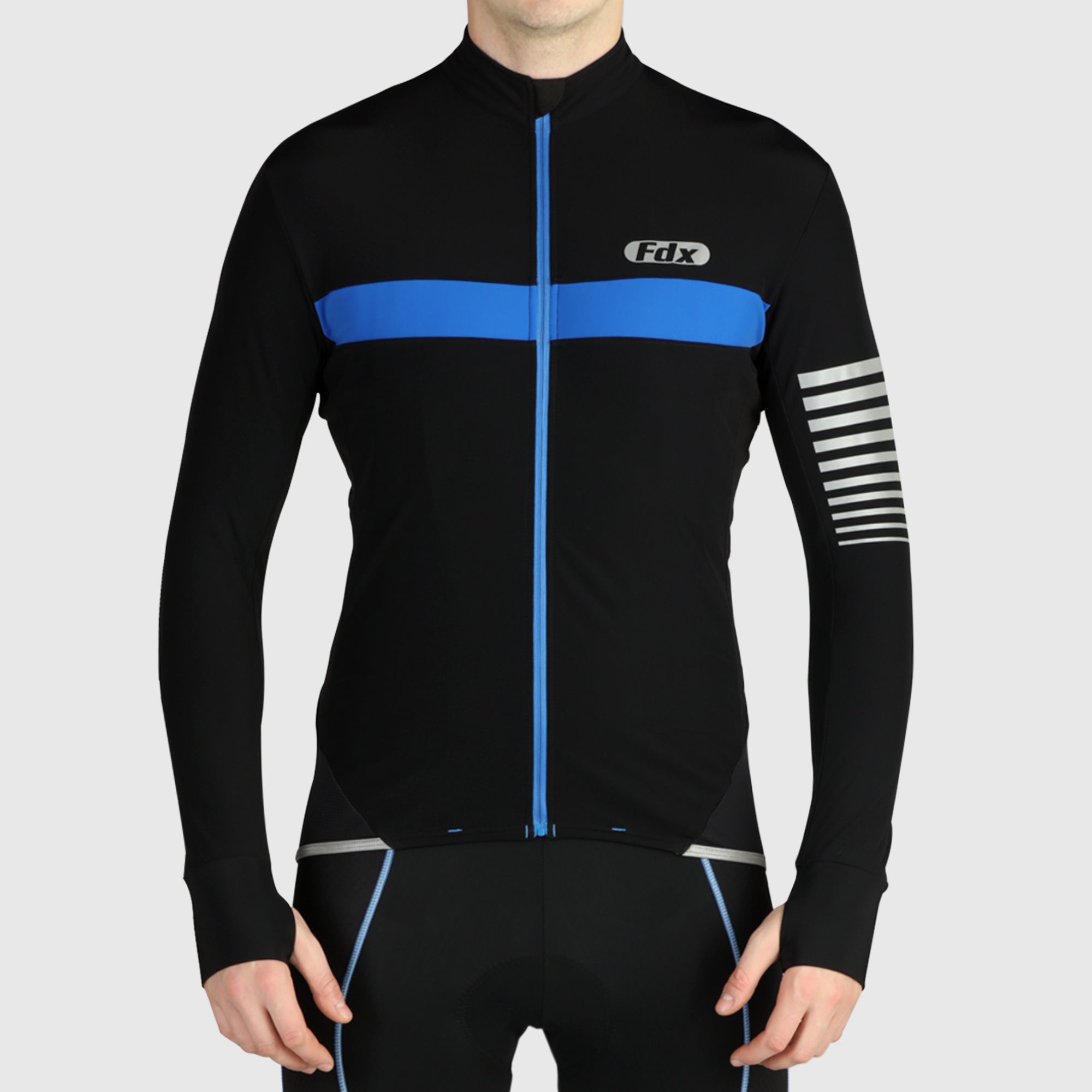 Fdx Mens Blue Long Sleeve Cycling Jersey for Winter Roubaix Thermal Fleece Road Bike Wear Top Full Zipper, Pockets & Hi-viz Reflectors - All Day