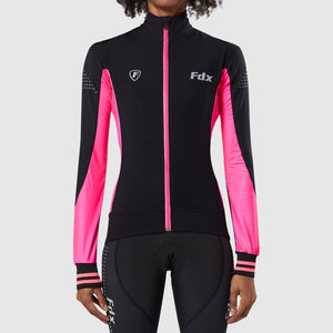 Fdx Womens Black & Pink Long Sleeve Cycling Jersey for Winter Roubaix Thermal Fleece Road Bike Wear Top Full Zipper, Pockets & Hi-viz Reflectors - Thermodream