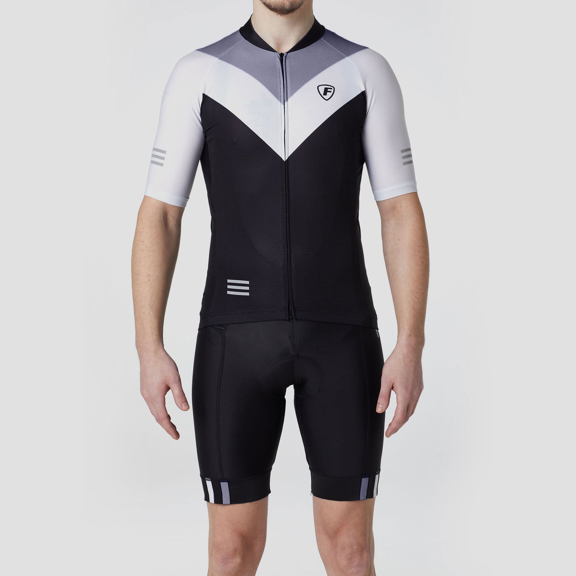 Fdx Mens Grey & Black Short Sleeve Cycling Jersey & Gel Padded Bib Shorts Best Summer Road Bike Wear Light Weight, Hi-viz Reflectors & Pockets - Velos
