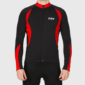 Fdx Mens Thermal Red & Black Long Sleeve Cycling Jersey for Winter Roubaix Warm Fleece Road Bike Wear Top Full Zipper, Pockets & Hi-viz Reflectors - Viper