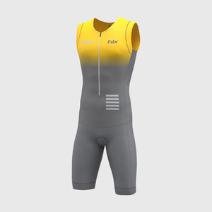 FDX Men’s Yellow & Gray Triathlon Suit, 3D Padded Breathable Compression Cycling Tri suit with Sleeveless One Piece Skinsuit for Racing, Training, Running