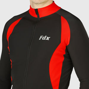 Fdx Warm Mens High Collor Red & Black Long Sleeve Cycling Jersey for Winter Roubaix Thermal Fleece Road Bike Wear Top Full Zipper, Pockets & Hi-viz Reflectors - Viper