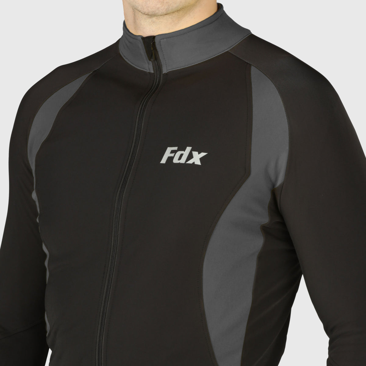 Fdx Mens High Collor Grey & Black Long Sleeve Cycling Jersey for Winter Roubaix Thermal Fleece Road Bike Wear Top Full Zipper, Pockets & Hi-viz Reflectors - Viper