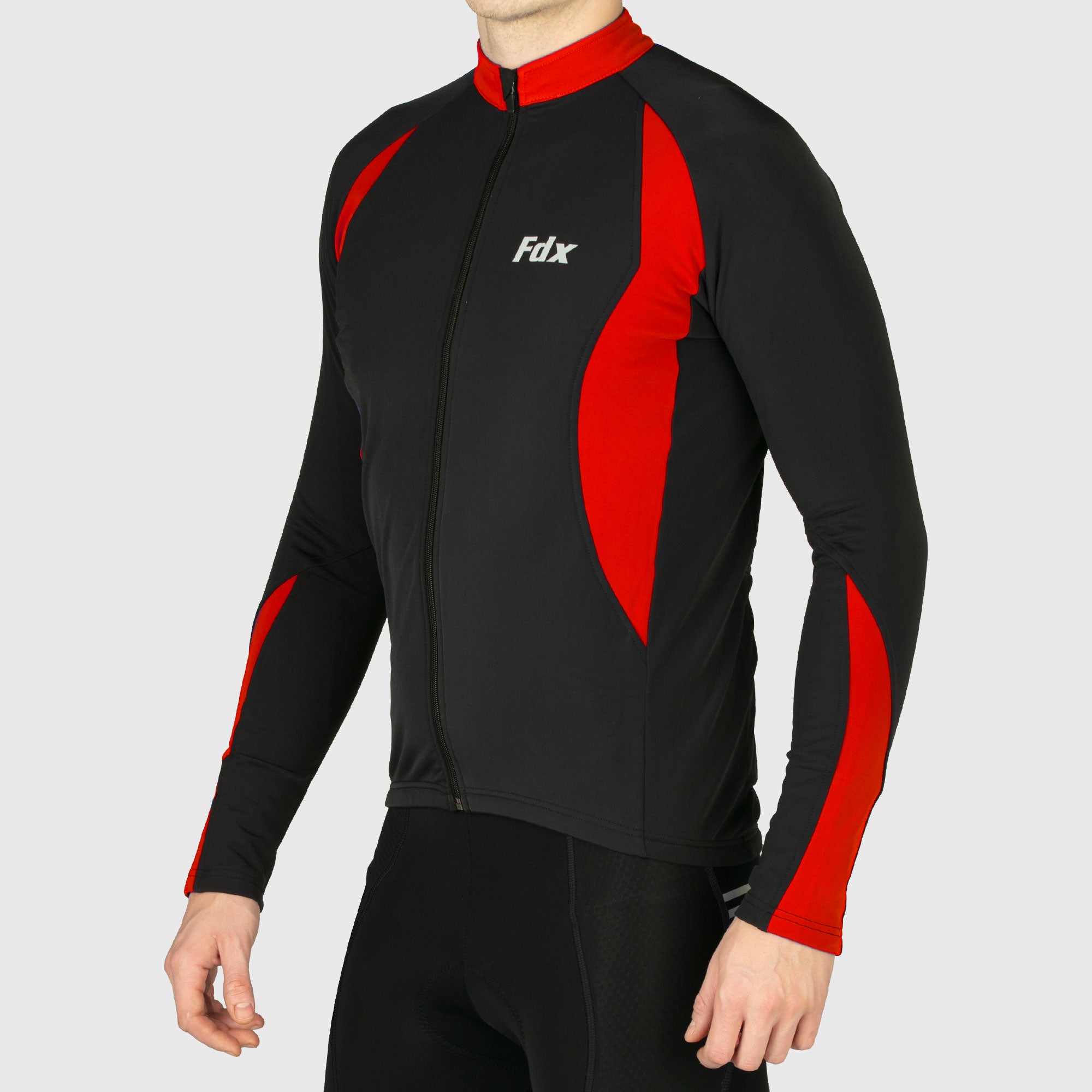 Fdx Mens Black & Red Long Sleeve Cycling Jersey for Winter Roubaix Thermal Fleece Road Bike Wear Top Full Zipper, Pockets & Hi-viz Reflectors - Viper