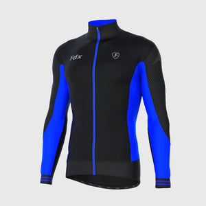 Fdx Mens High Collor Blue & Black Long Sleeve Cycling Jersey for Winter Roubaix Thermal Fleece Road Bike Wear Top Full Zipper, Pockets & Hi-viz Reflectors - Thermodream