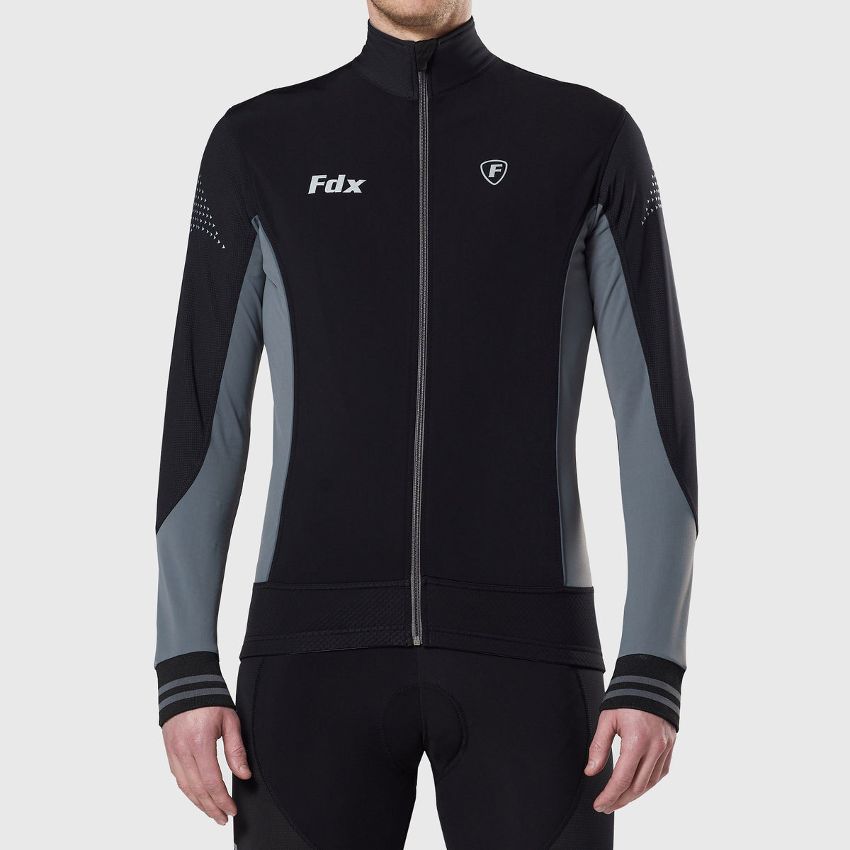 Fdx Mens Black & Grey Long Sleeve Cycling Jersey for Winter Roubaix Thermal Fleece Road Bike Wear Top Full Zipper, Pockets & Hi-viz Reflectors - Thermodream