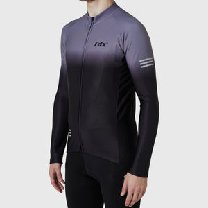 Fdx Mens Thermal Black & Grey Long Sleeve Cycling Jersey for Winter Roubaix Fleece Road Bike Wear Top Full Zipper, Pockets & Hi-viz Reflectors - Duo