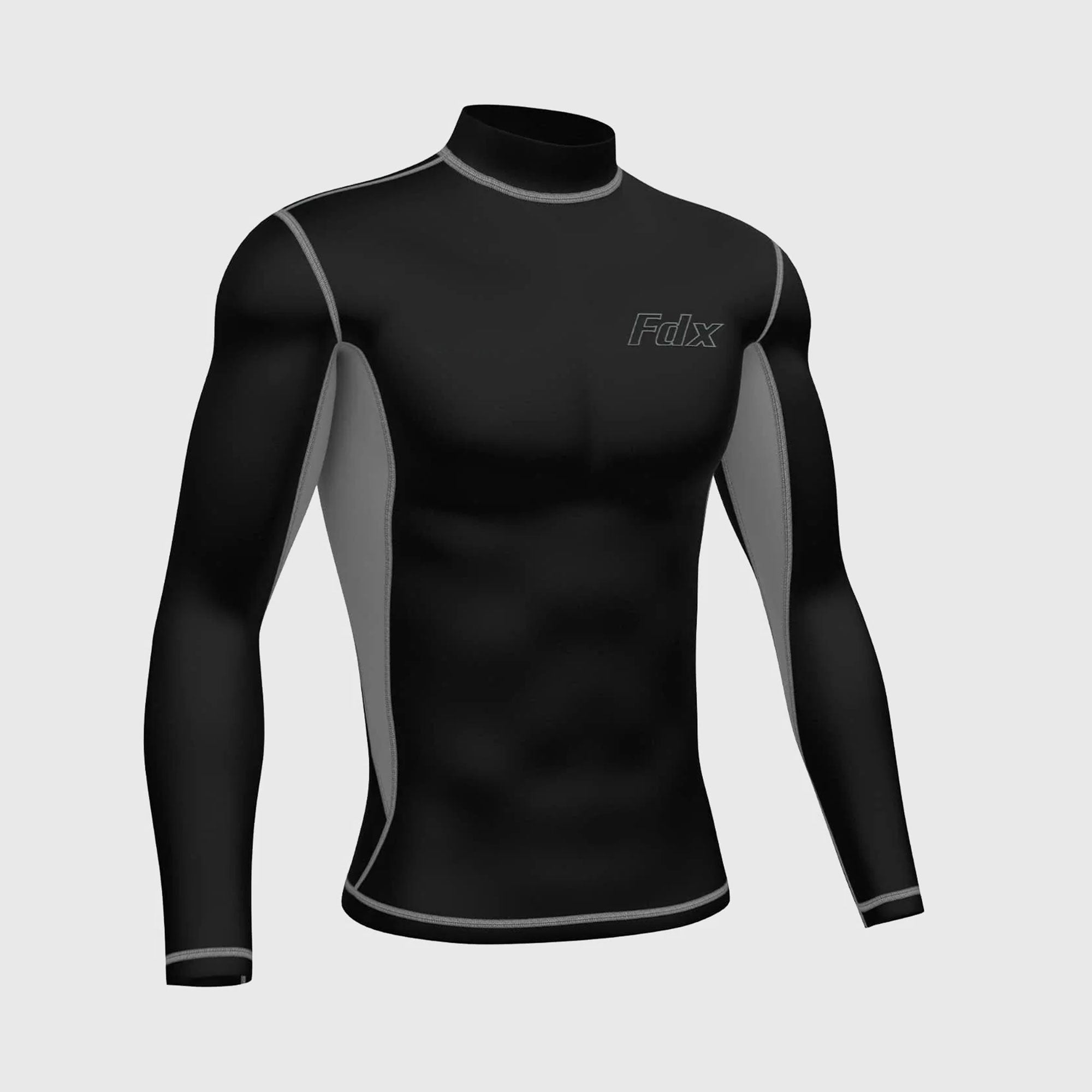 Fdx Mens Black & Grey Long Sleeve Compression Top Running Gym Workout Wear Rash Guard Stretchable Breathable - Inorex