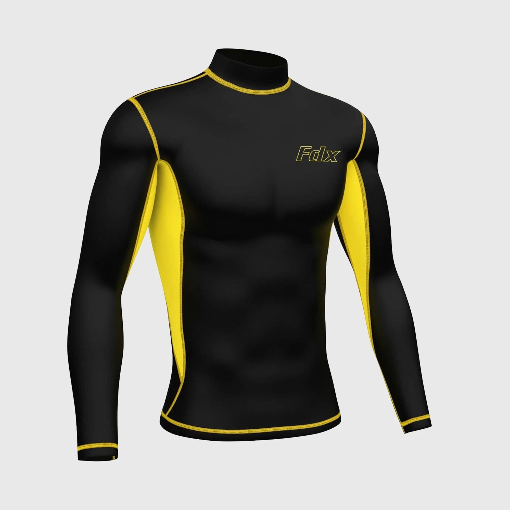 Fdx Mens Black & Yellow Long Sleeve Compression Top Running Gym Workout Wear Rash Guard Stretchable Breathable - Inorex