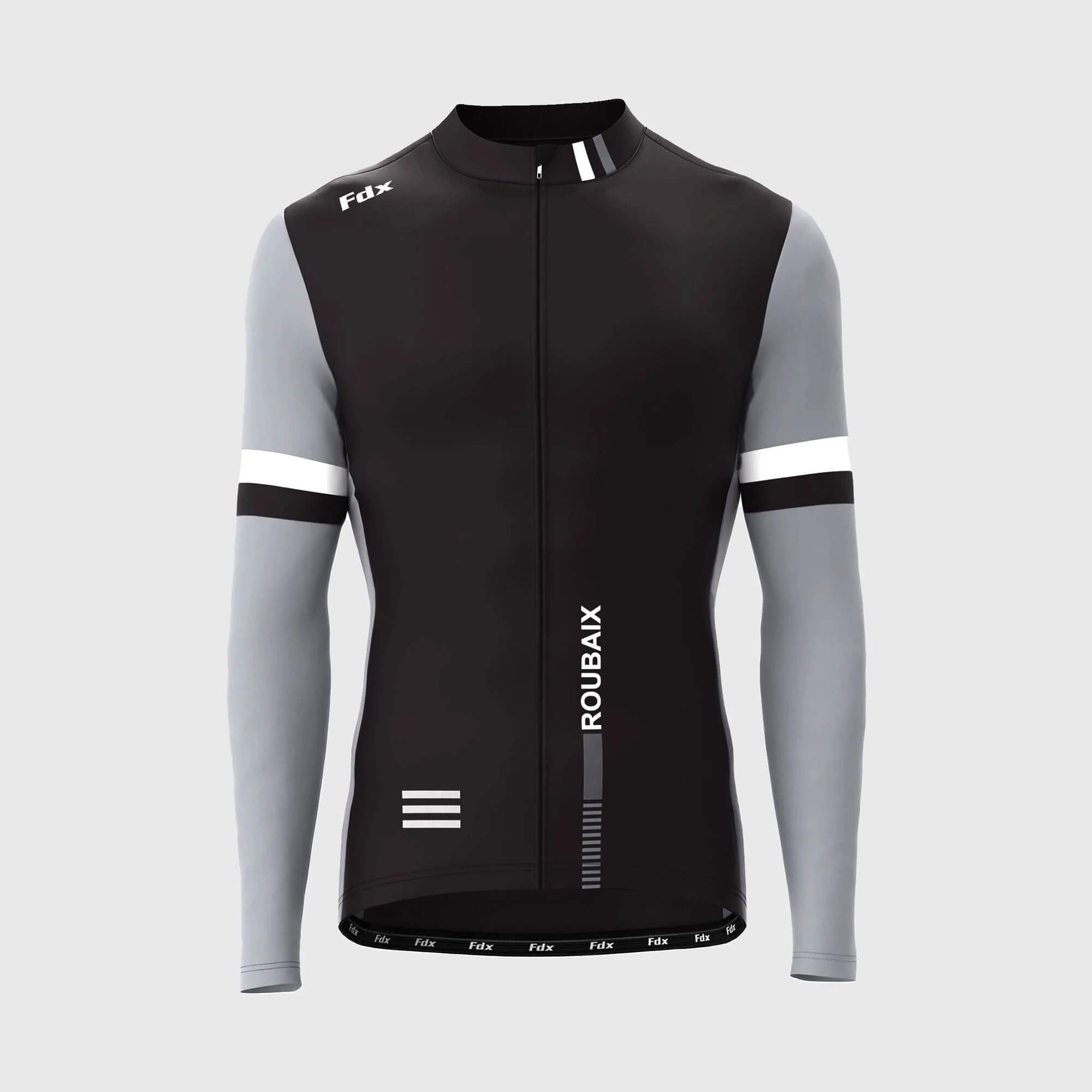 Fdx Mens Black & Grey Long Sleeve Cycling Jersey for Winter Roubaix Thermal Fleece Road Bike Wear Top Full Zipper, Pockets & Hi-viz Reflectors - Limited Edition
