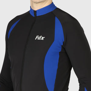 Fdx Mens High Collor Blue & Black Long Sleeve Cycling Jersey for Winter Roubaix Thermal Fleece Road Bike Wear Top Full Zipper, Pockets & Hi-viz Reflectors - Viper