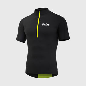 Fdx Mens Black Short Sleeve Cycling Jersey for Summer Best Road Bike Wear Top Light Weight, Half 3/4 Zipper, Pockets & Hi-viz Reflectors - Pace