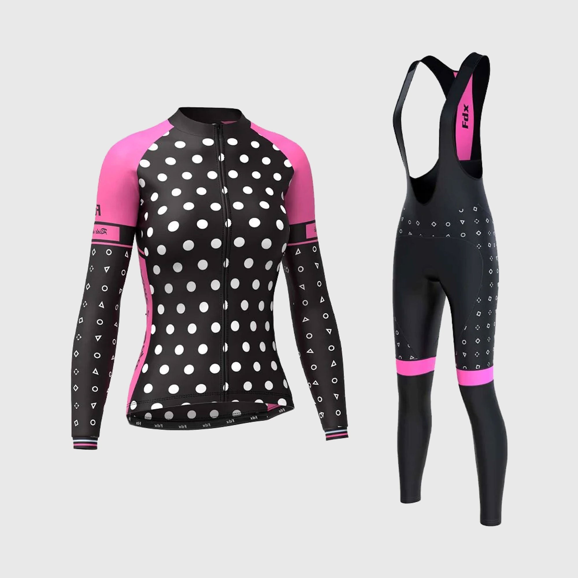Fdx Women's Black & Pink Long Sleeve Cycling Jersey & Gel Padded Bib Tights Pants for Winter Roubaix Thermal Fleece Road Bike Wear Windproof, Hi-viz Reflectors & Pockets - Polka Dots