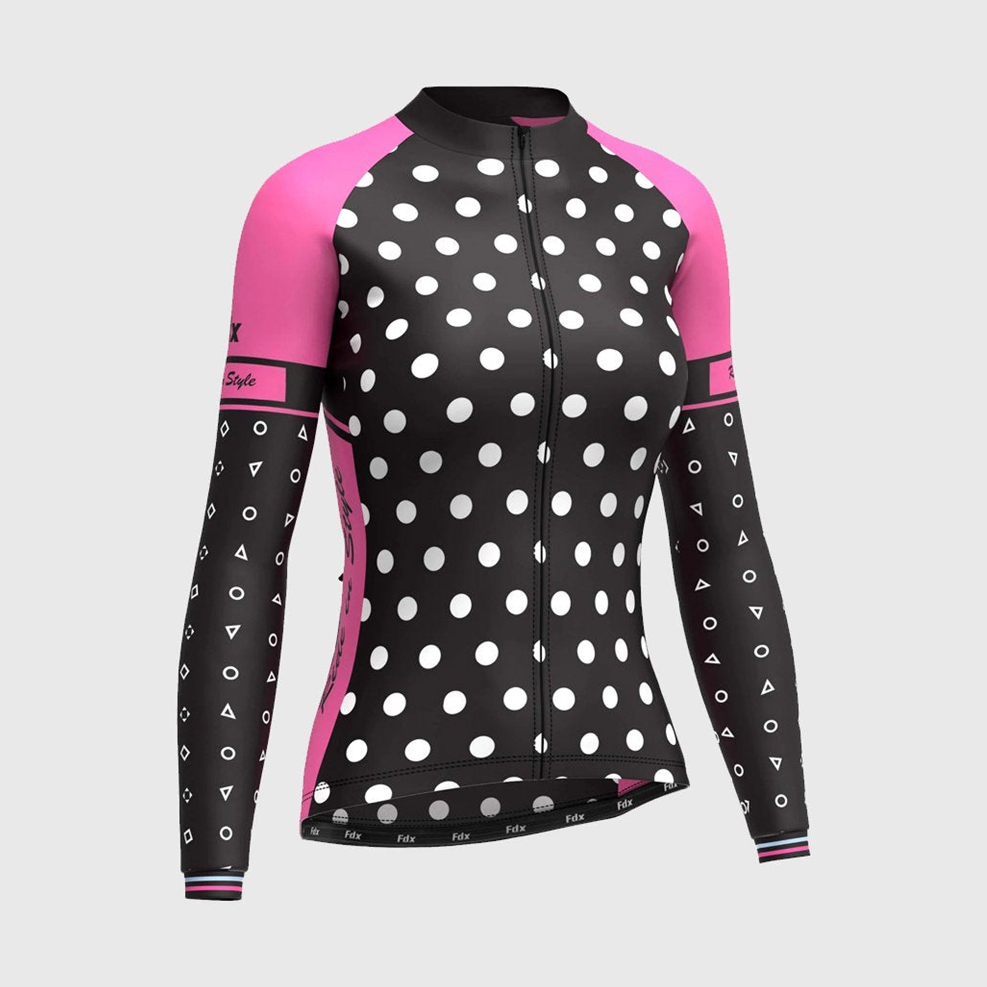 FDX Best Women's Black & Pink Long Sleeve Cycling Jersey for Winter Roubaix Thermal Fleece Shirt Road Bike Wear Top Full Zipper, Lightweight  Pockets & Hi viz Reflectors - Polka
