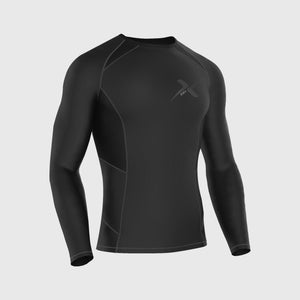 Fdx Mens Black & Grey Long Sleeve Compression Top Running Gym Workout Wear Rash Guard Stretchable Breathable - Recoil