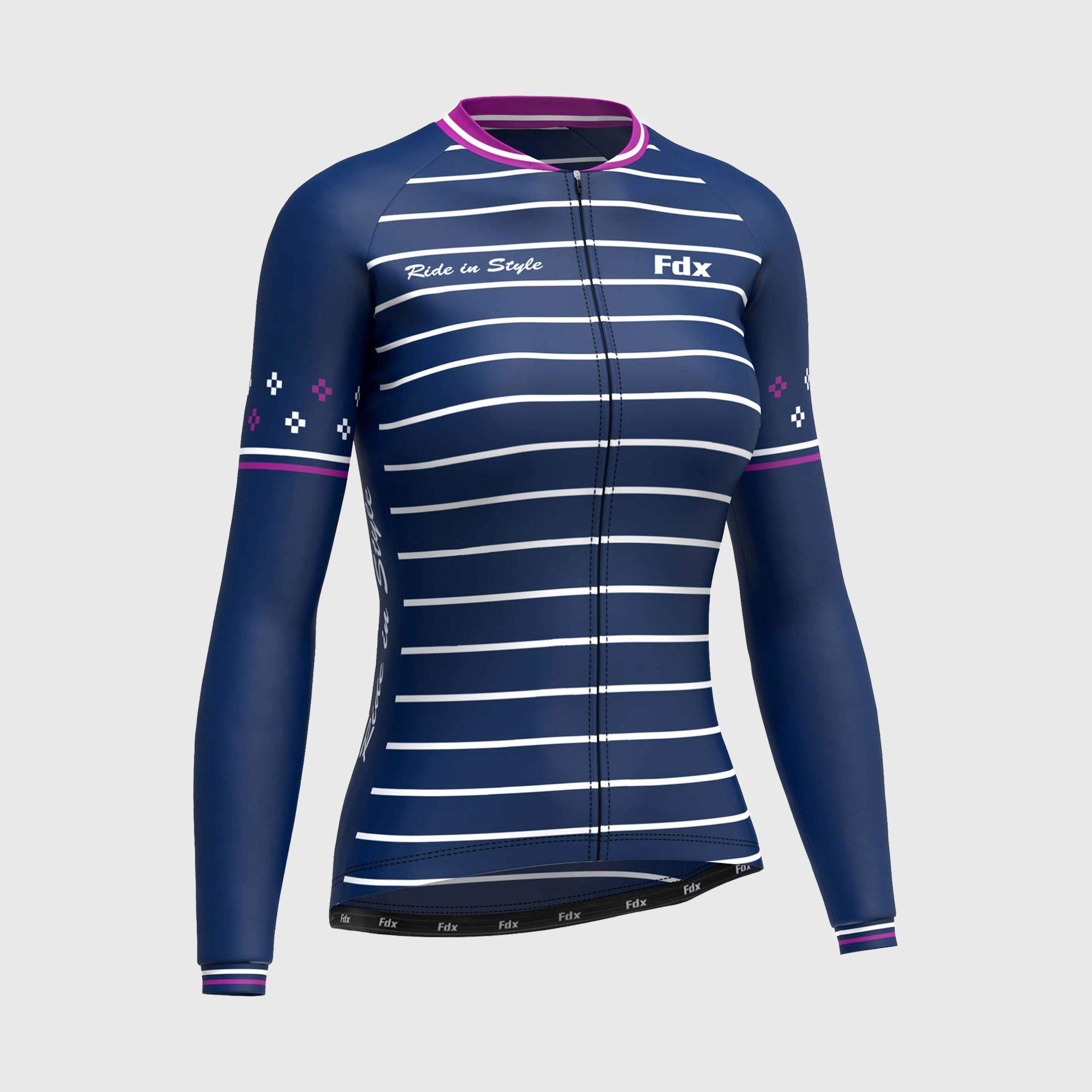 Fdx Best Women's Blue & Pink Long Sleeve Cycling Jersey for Winter Roubaix Thermal Fleece Shirt Road Bike Wear Top Full Zipper, Lightweight  Pockets & Hi viz Reflectors - Ripple