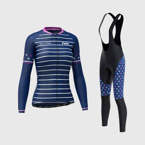 Fdx Women's Black & Navy Blue Long Sleeve Cycling Jersey & Gel Padded Bib Tights Pants for Winter Roubaix Thermal Fleece Road Bike Wear Windproof, Hi-viz Reflectors & Pockets - Ripple